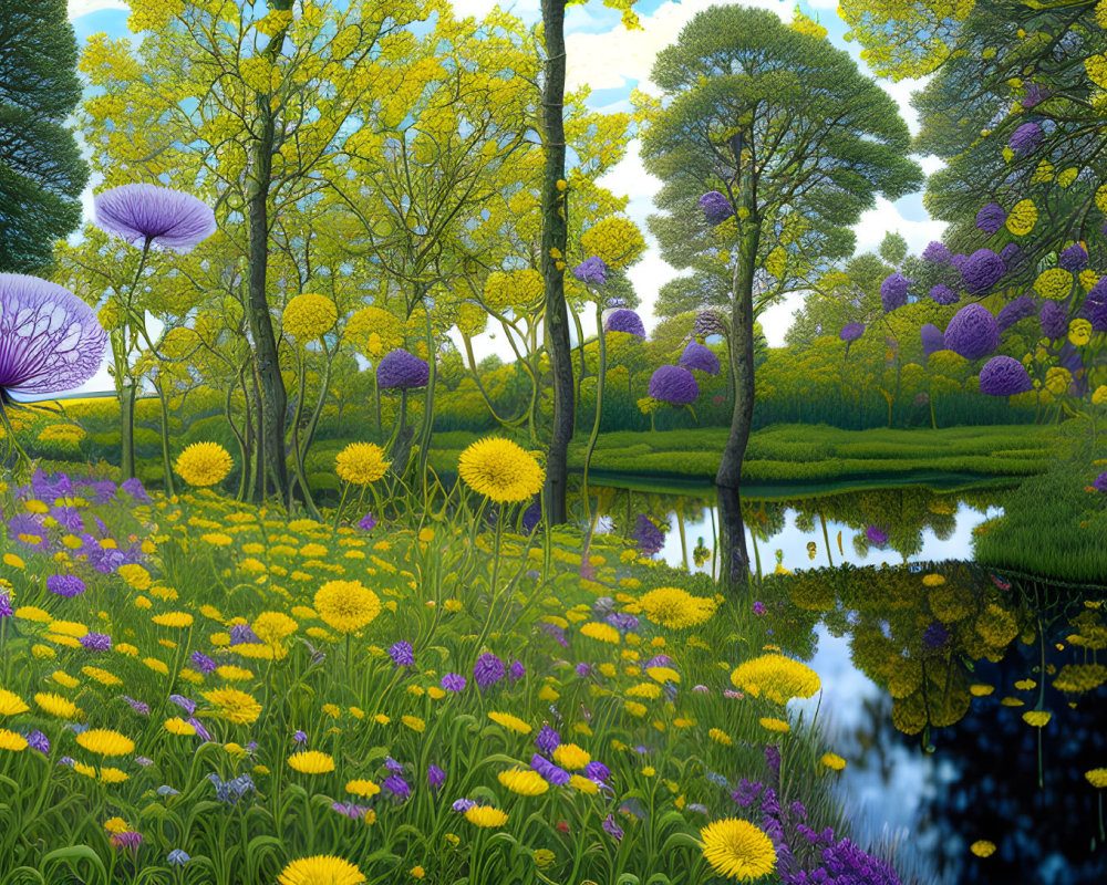 Fantastical landscape with oversized dandelions and purple trees