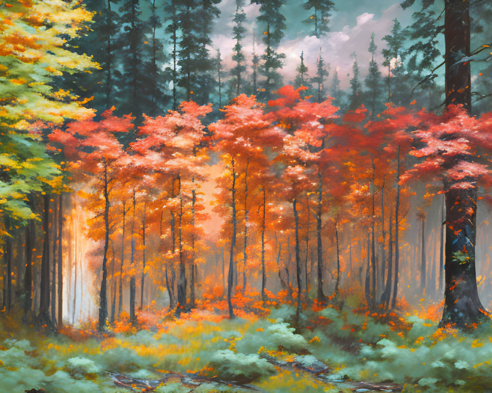 Colorful autumn forest with green and red-orange leaves under warm sunlight
