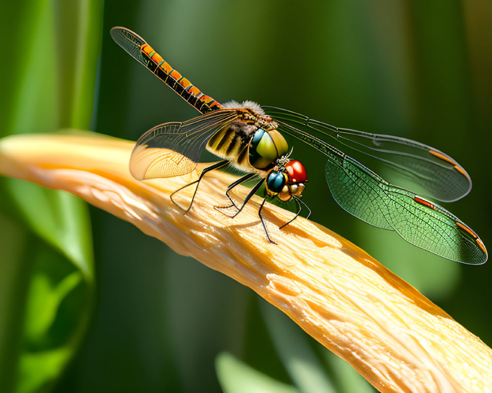 Colorful dragonfly perched on plant stem in lush greenery