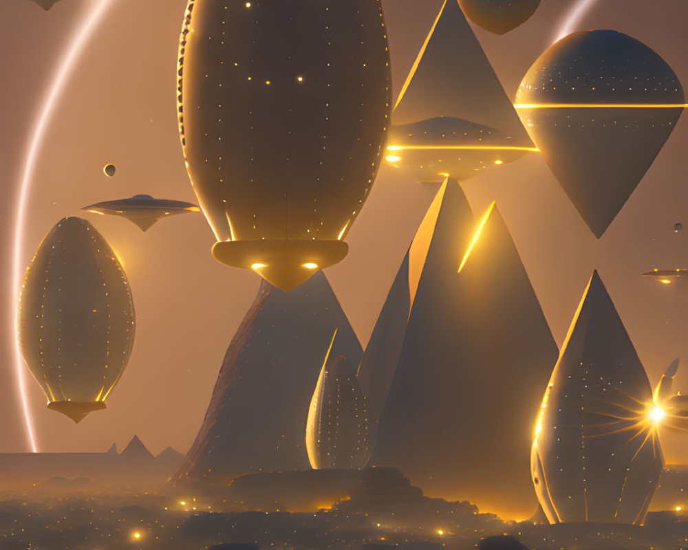Futuristic cityscape at dusk with illuminated buildings and flying vehicles