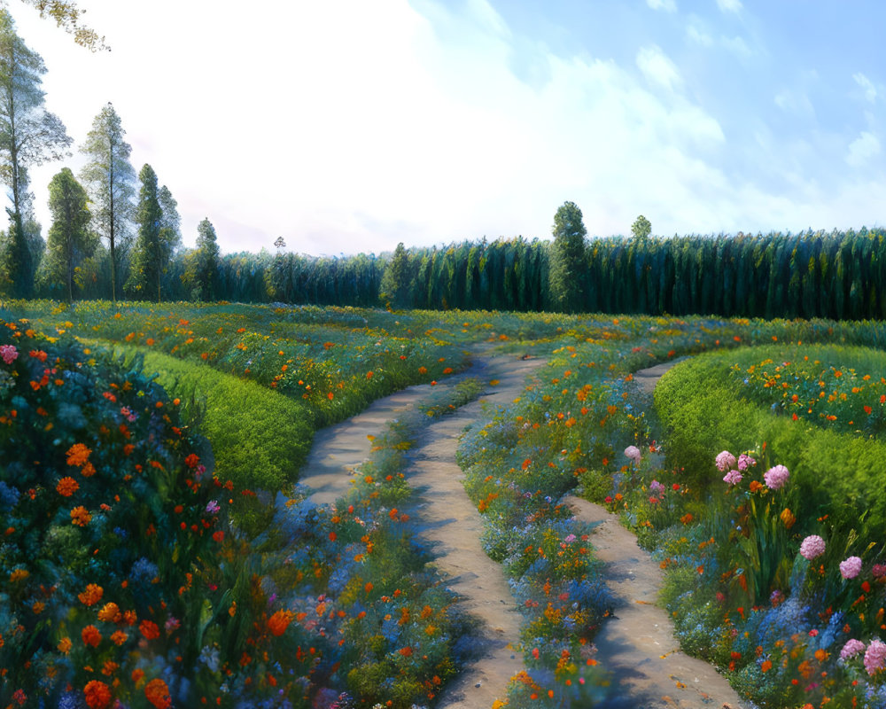 Vibrant flower field split by path, lush trees, blue sky
