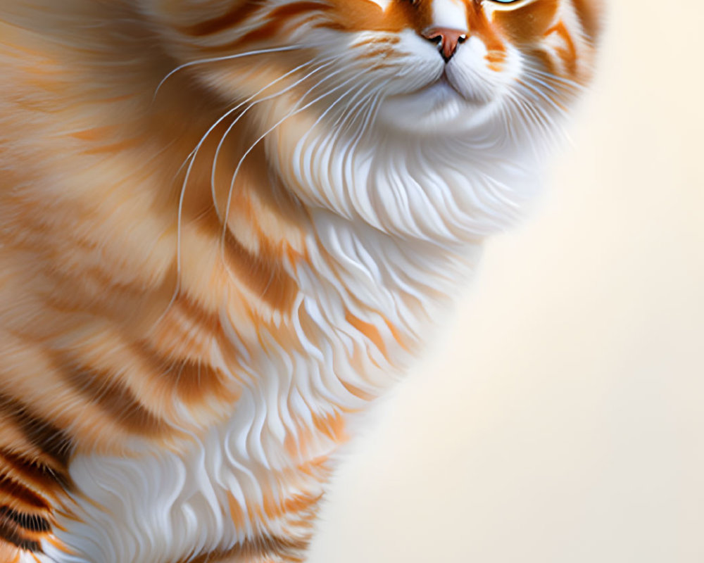 Fluffy orange and white cat with green eyes and whiskers on beige background