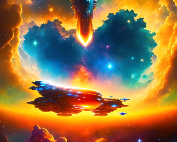 Sci-fi scene: Two spaceships in cosmic backdrop with vibrant oranges and blues