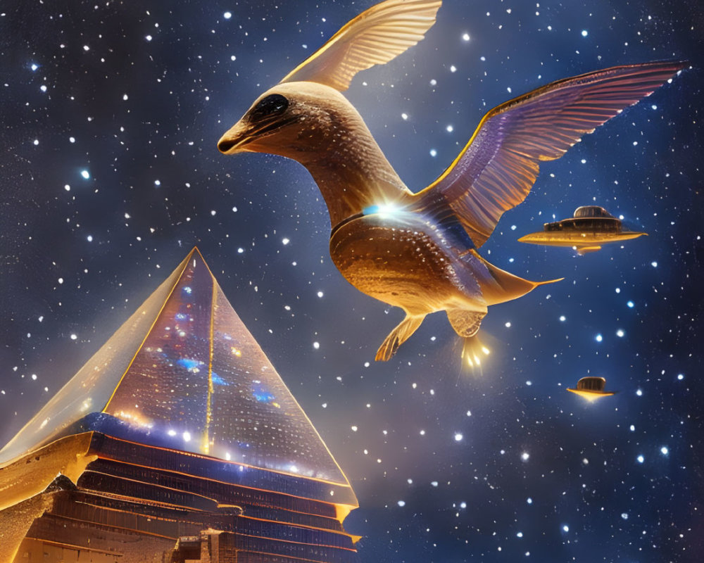 Pyramids, lunar eclipse, flying ships, and bird in starry sky