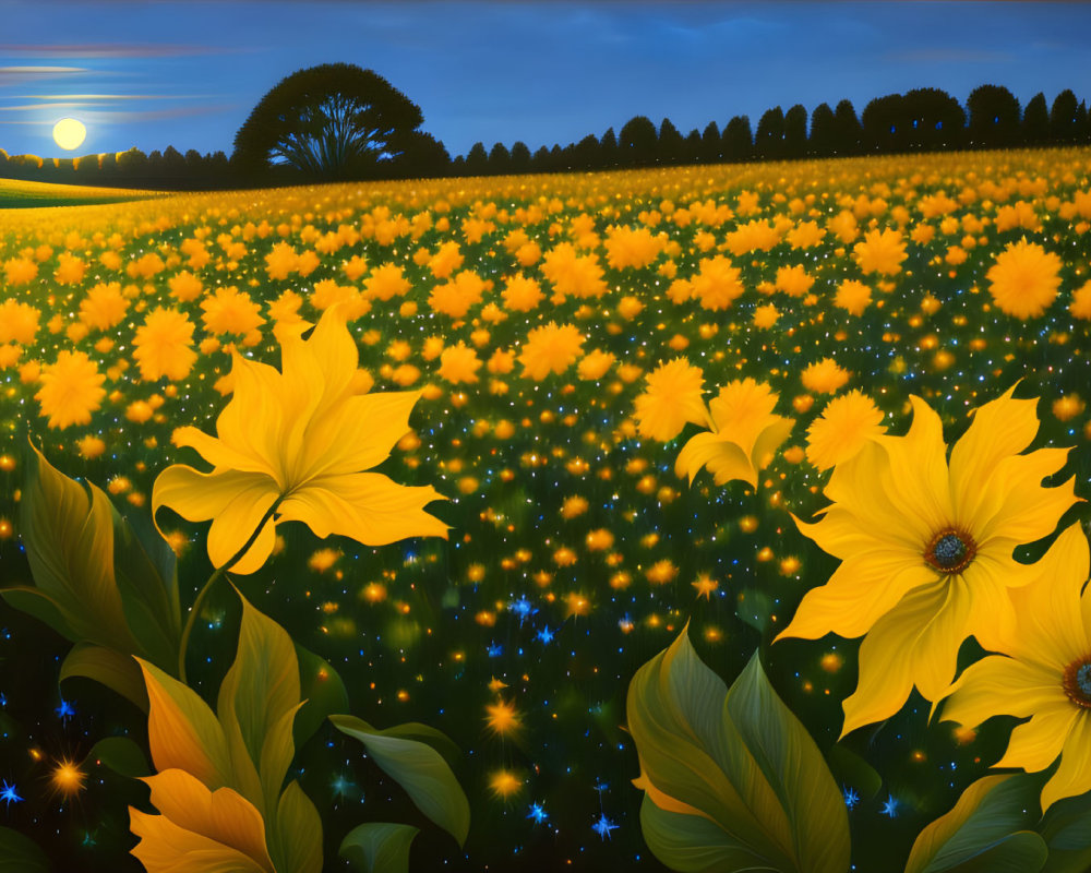 Twilight sky with stars and crescent moon over vibrant yellow flower field