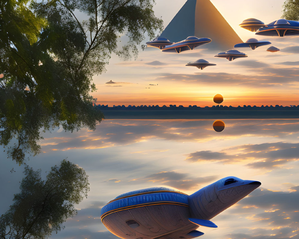 Futuristic flying vehicles above pyramid and trees in warm-hued sky