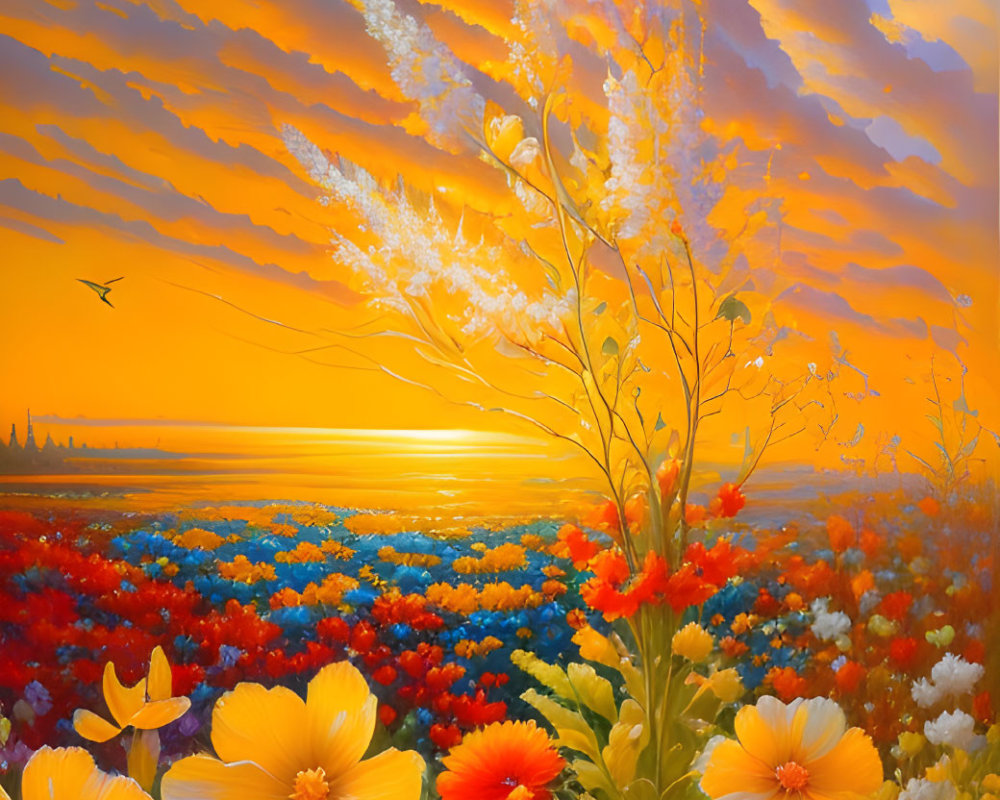 Colorful sunset landscape with butterflies and flowers.