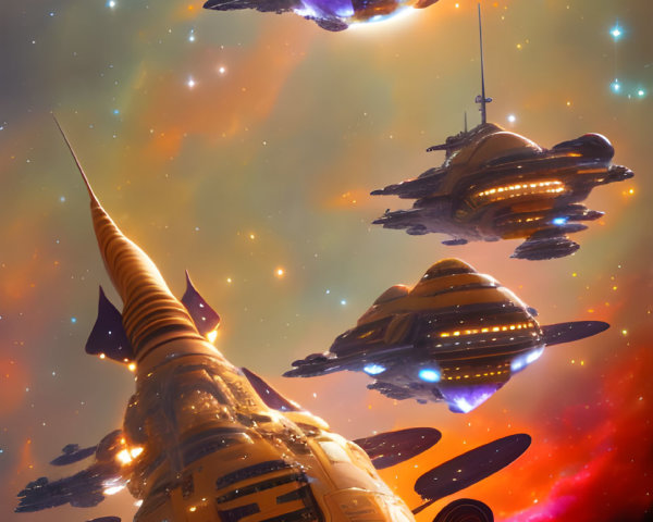 Colorful sci-fi scene: spaceships, planets, and stars.