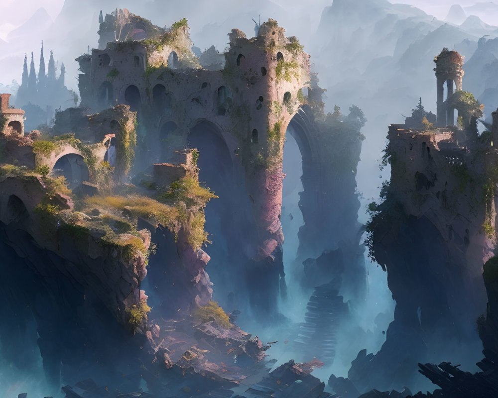 Ancient castles on steep cliffs with waterfalls and lush vegetation in misty landscape