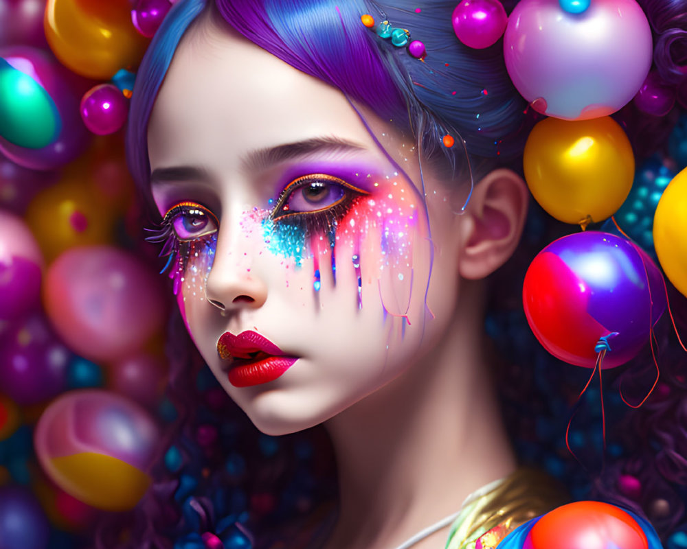 Blue-haired woman with colorful balloons and pink glitter makeup