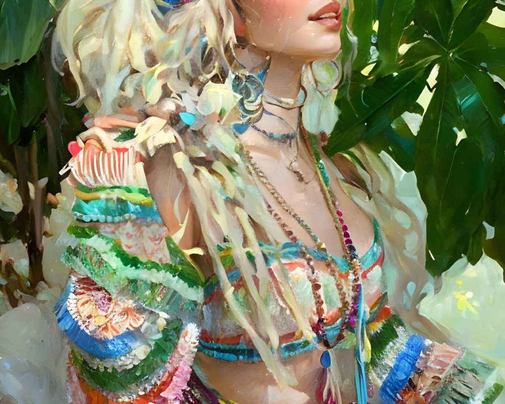 Bohemian woman in digital painting with shells, beads, and feathers