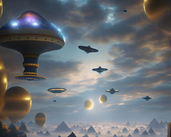 Fantastical scene: Flying saucers, golden spheres, pyramids in dusk landscape