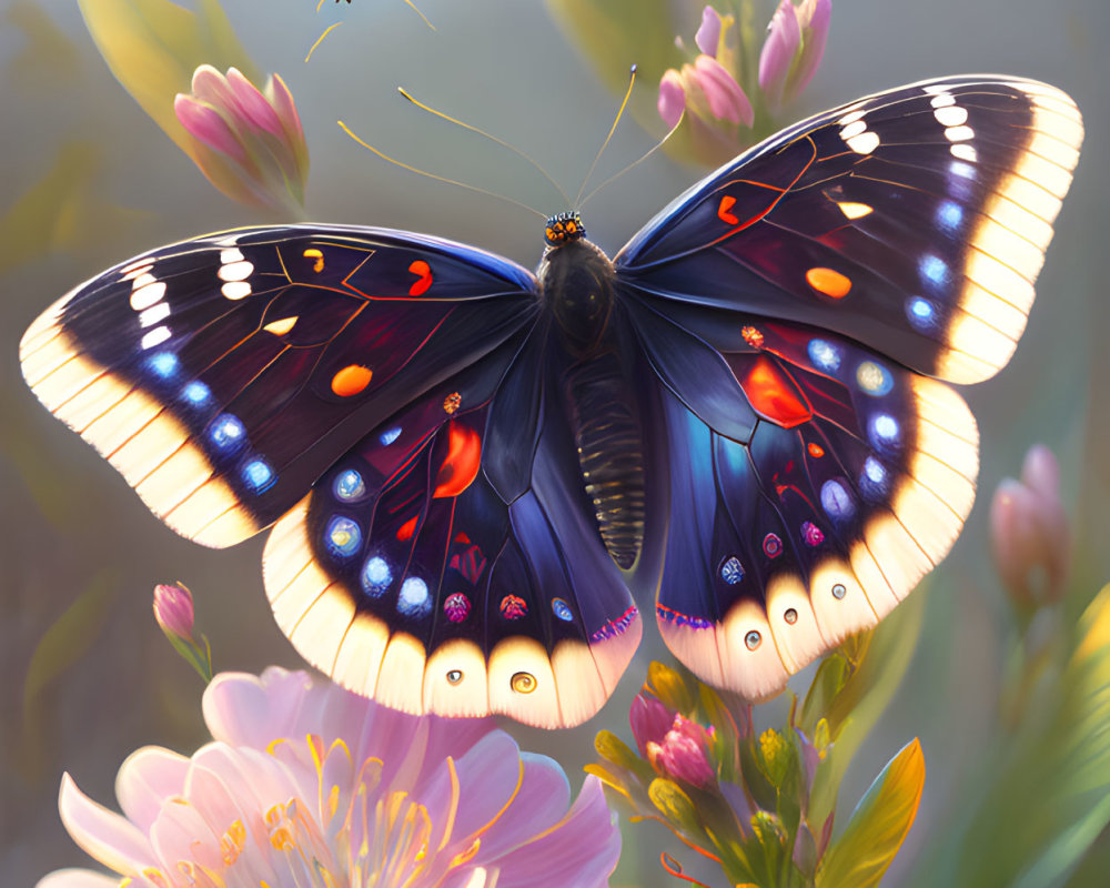 Colorful butterfly illustration with intricate blue and red wings on pink flowers