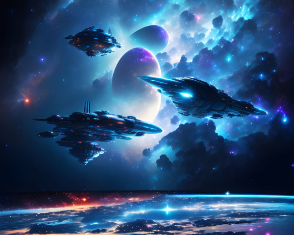 Futuristic sci-fi scene with hovering spaceships and starry sky
