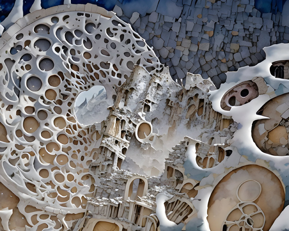 Circular Fractal Patterns in Metallic Hues on Blue Cracked Background