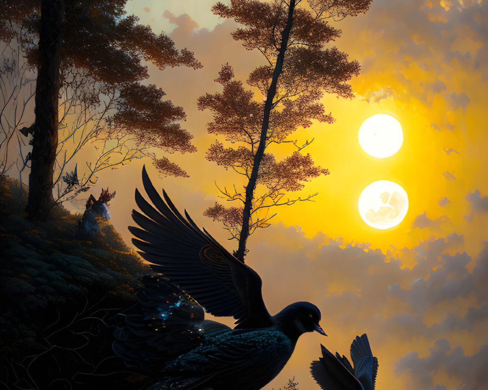 Mystical forest scene with black bird, moons, and starry sky