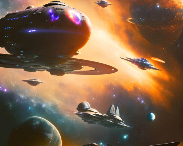 Futuristic spacecraft in vibrant space scene