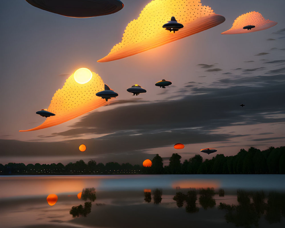 Twilight lake scene with orbs and UFOs reflected in water