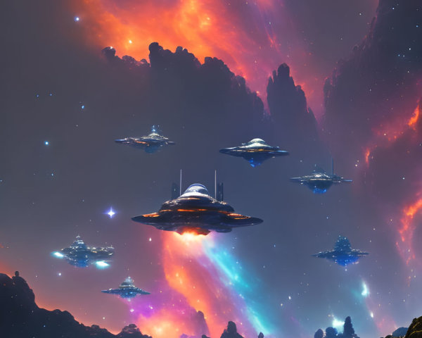 Futuristic spaceships over alien landscape under colorful sky