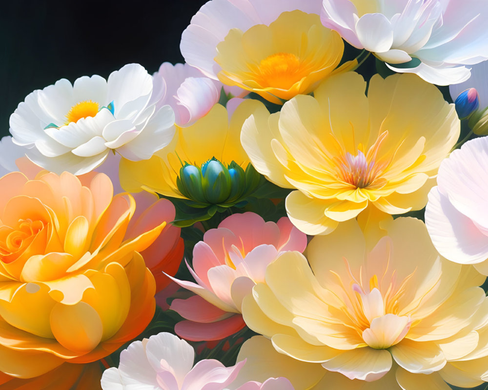 Colorful Flowers in Yellow, White, and Pink on Dark Background