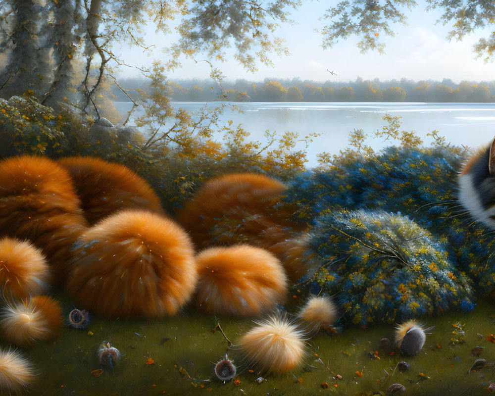 Autumnal landscape with fluffy orange creatures and realistic cat by lake