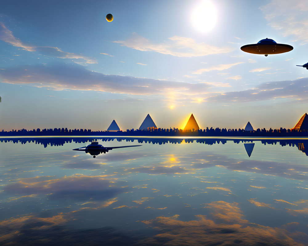 Tranquil sunset scene with pyramids and flying saucers in Egyptian-like setting