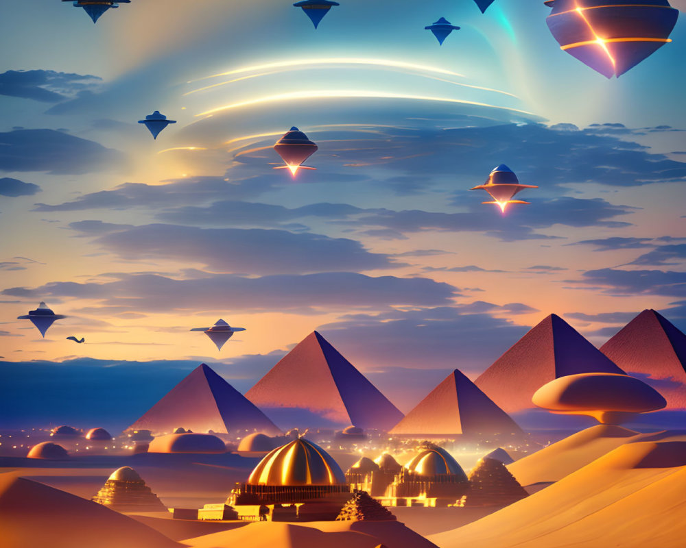 Futuristic desert cityscape with pyramids, flying vehicles, glowing structures, and colorful aurora