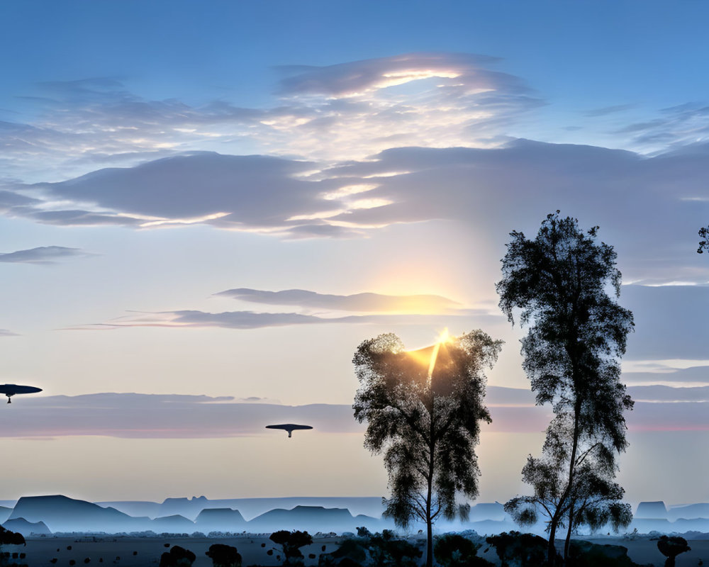 Tranquil sunrise landscape with silhouetted trees, mountains, and UFOs