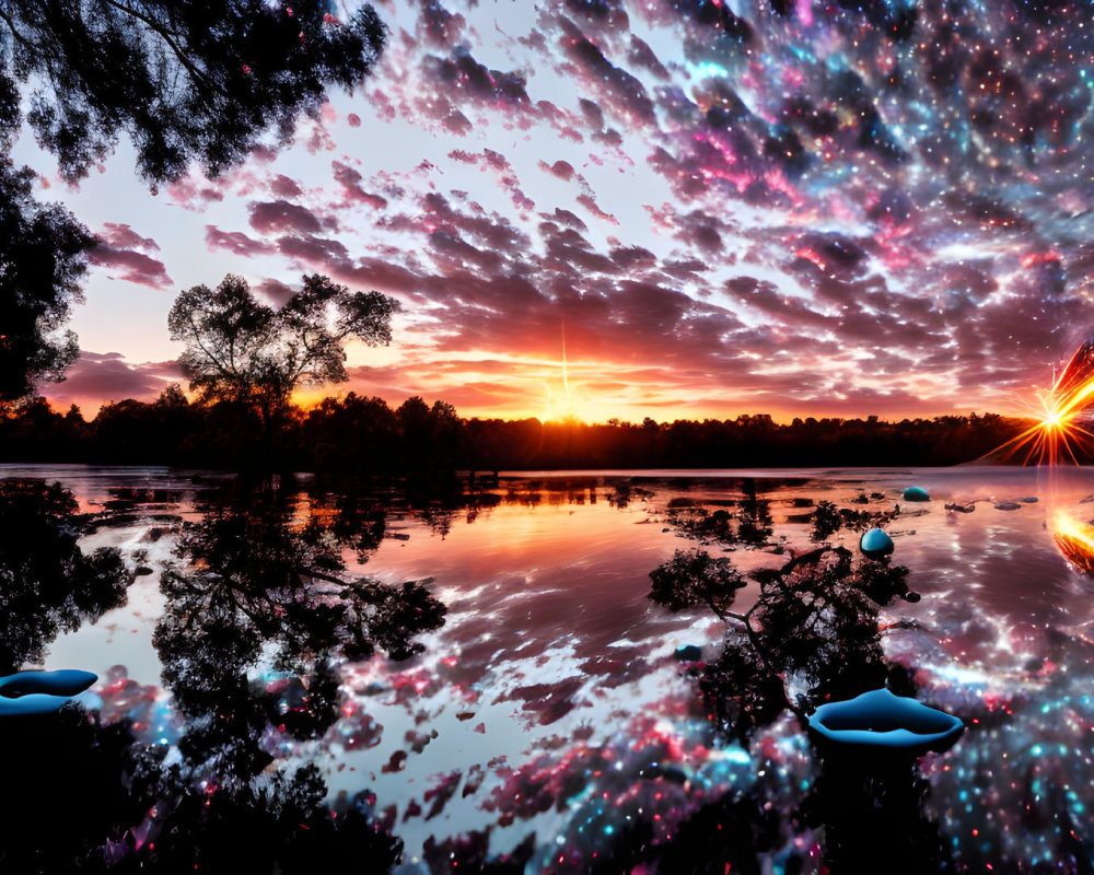 Scenic lake sunset with cosmic star nebulae reflected on water