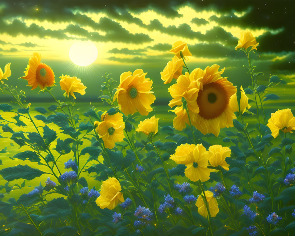 Sunflower Field and Blooms under Sunset Sky