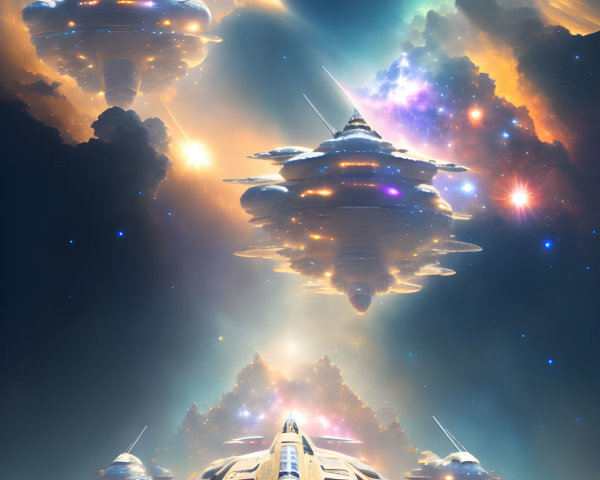 Vibrant nebulae and spacecraft in detailed space vista