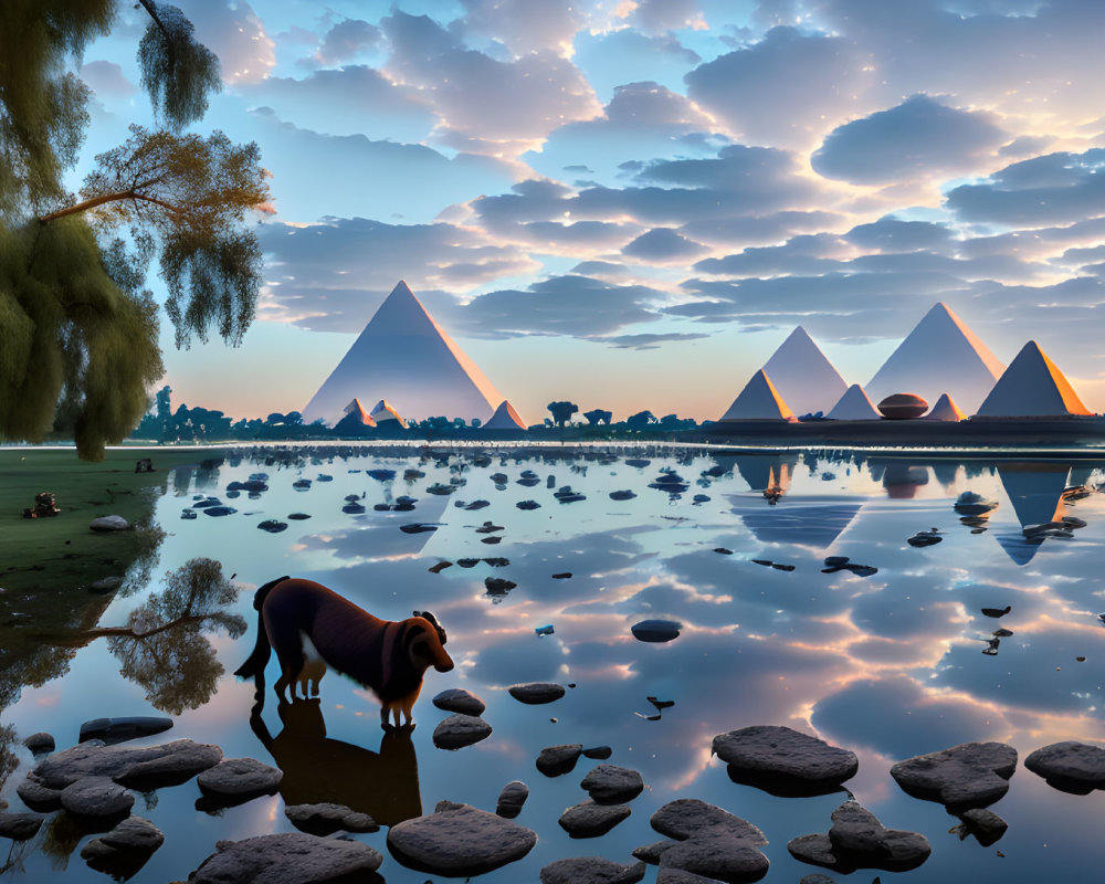 Egyptian Pyramids at Dusk with Horse Grazing by Pond