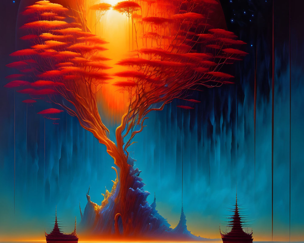 Sci-fi landscape: Giant red tree, alien shore, waterfalls, ships, moon, distant planet