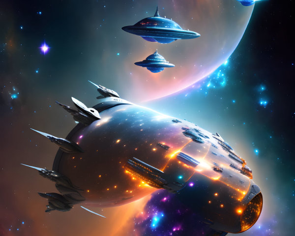 Spaceship, smaller craft, and UFOs near vibrant nebula in starry space.