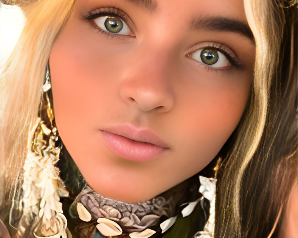 Young Woman with Striking Green Eyes in Golden Toned Headdress