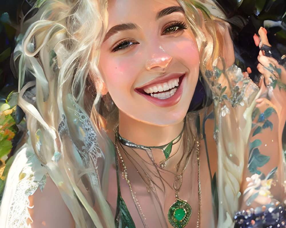 Smiling woman with wavy hair and leaf adornments in sunlight