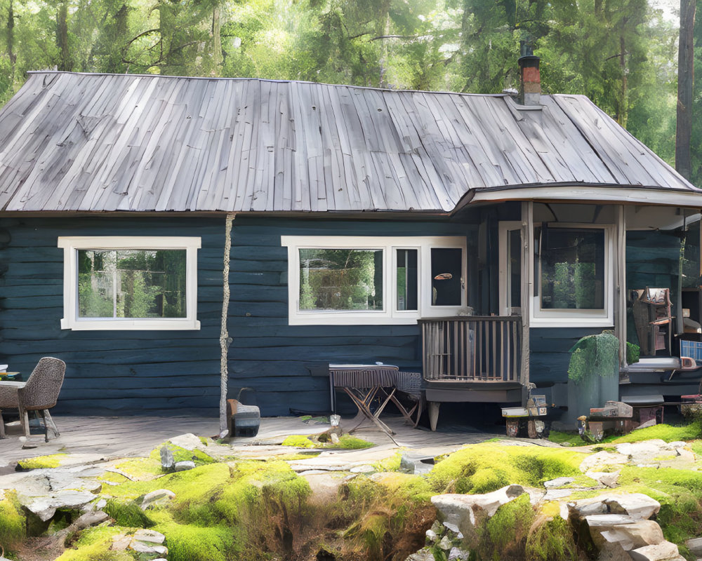 Blue log cabin with metal roof in forest clearing with porch, furniture, and stone path