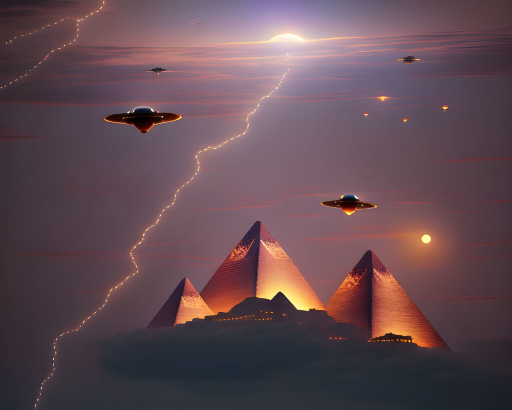 Pyramids and UFOs with lightning under twilight sky