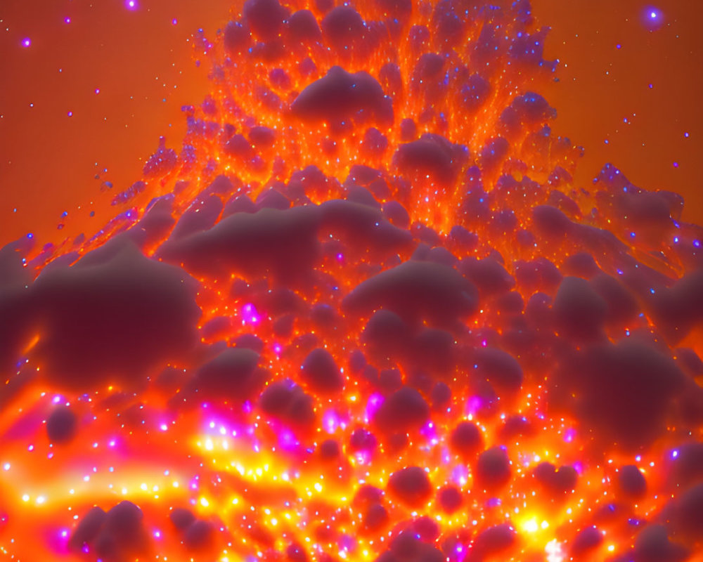 Dramatic red and orange clouds in deep purple sky with stars
