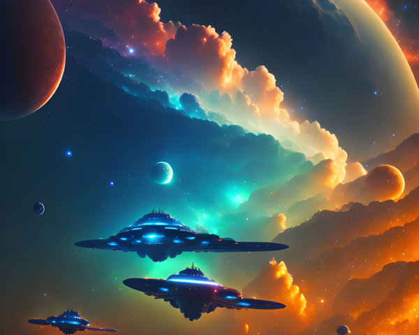 Colorful outer space scene with planets, nebula, UFOs, and silhouetted landscape