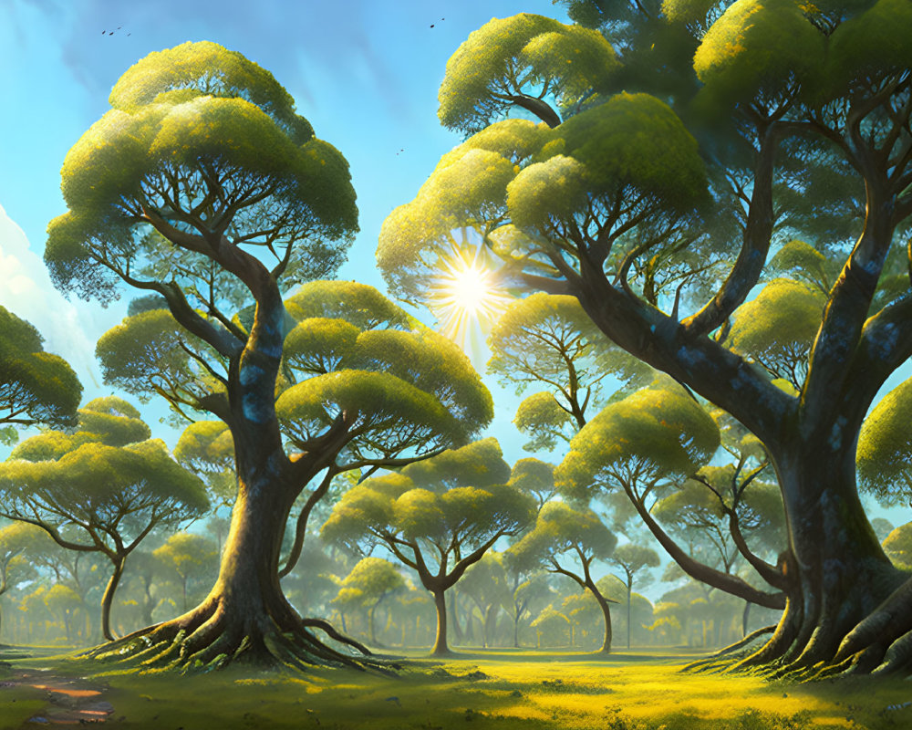 Sunlit forest with tall trees and bright sun casting warm glow