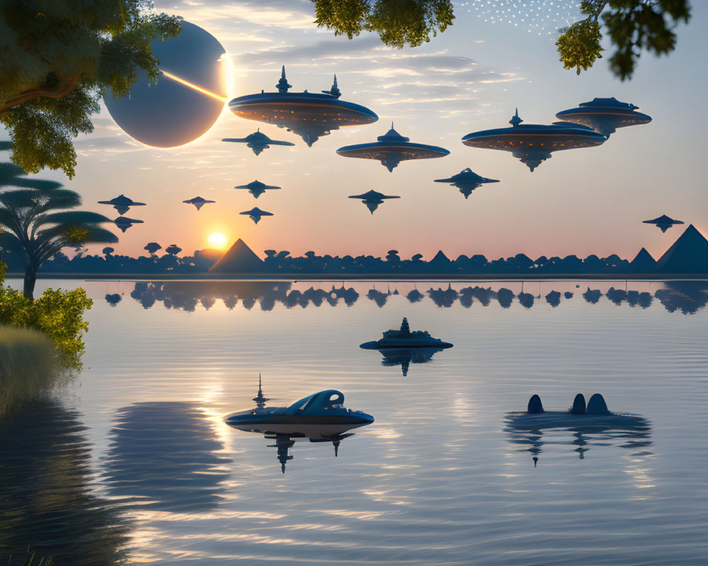 Pyramids, UFOs, Eclipse, and Sunset Reflection on Lake