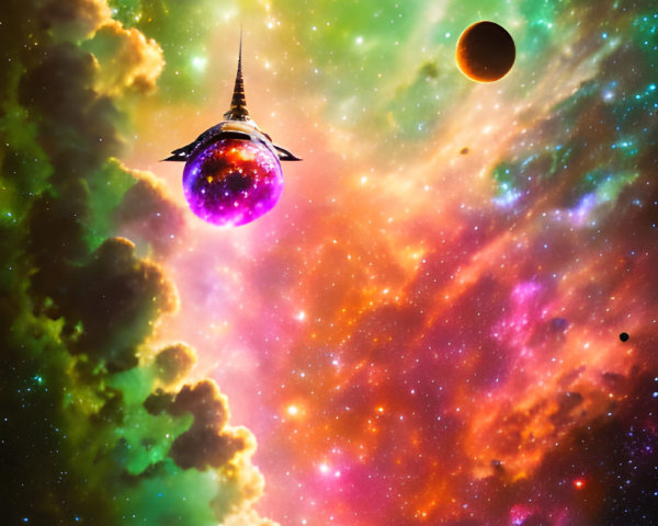 Colorful nebula, stars, planets, and skyscrapers in cosmic scene