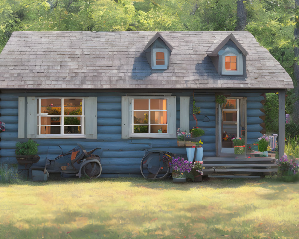 Blue log cabin with wooden porch, flowers, and vintage bicycle in lush green surroundings.