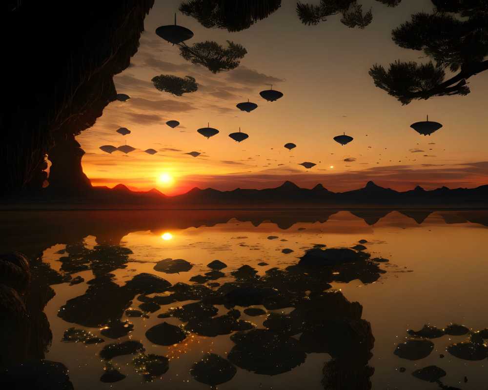 Scenic sunset with floating islands and silhouetted trees