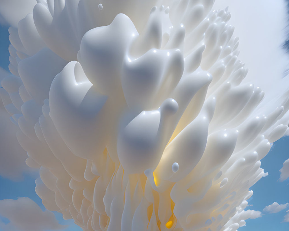 Surreal white sculptural explosion against blue sky with golden glow