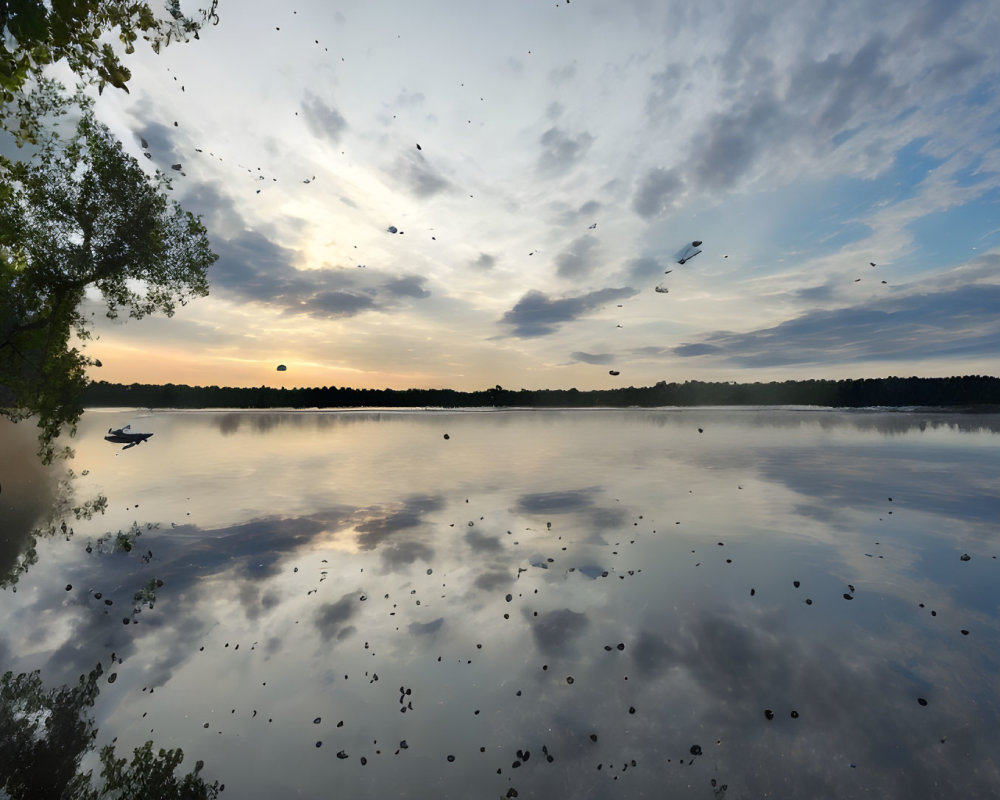 Tranquil lake sunrise with clouds reflections, birds, trees, and boat