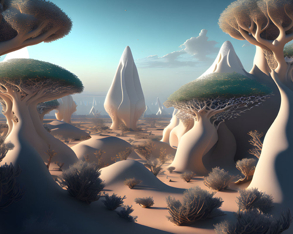 Surreal desert landscape with oversized baobab-like trees, sandy dunes, and towering rock