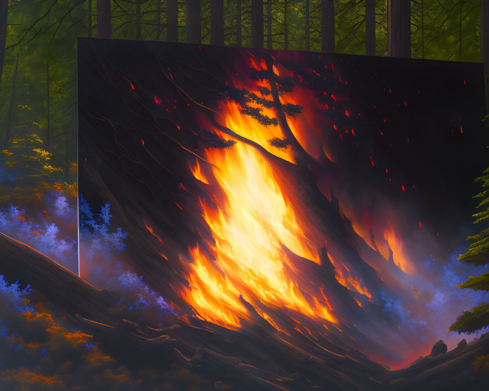 Surreal painting of fiery portal in serene forest