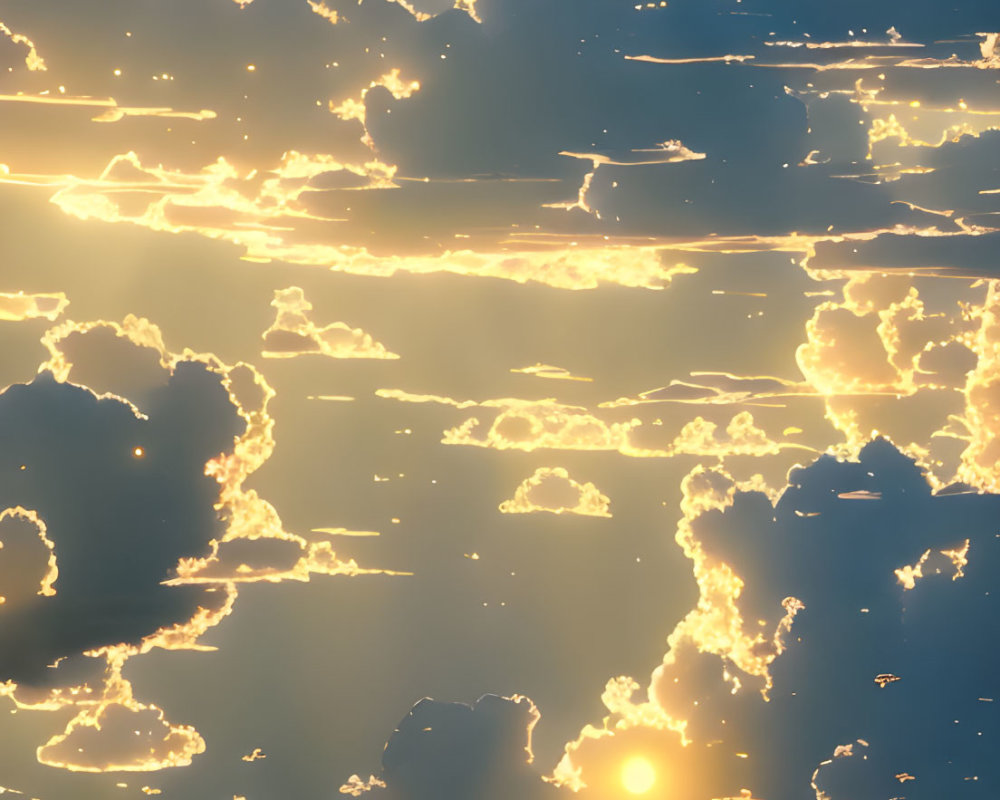 Golden sunrise piercing fluffy clouds in dramatic skyscape